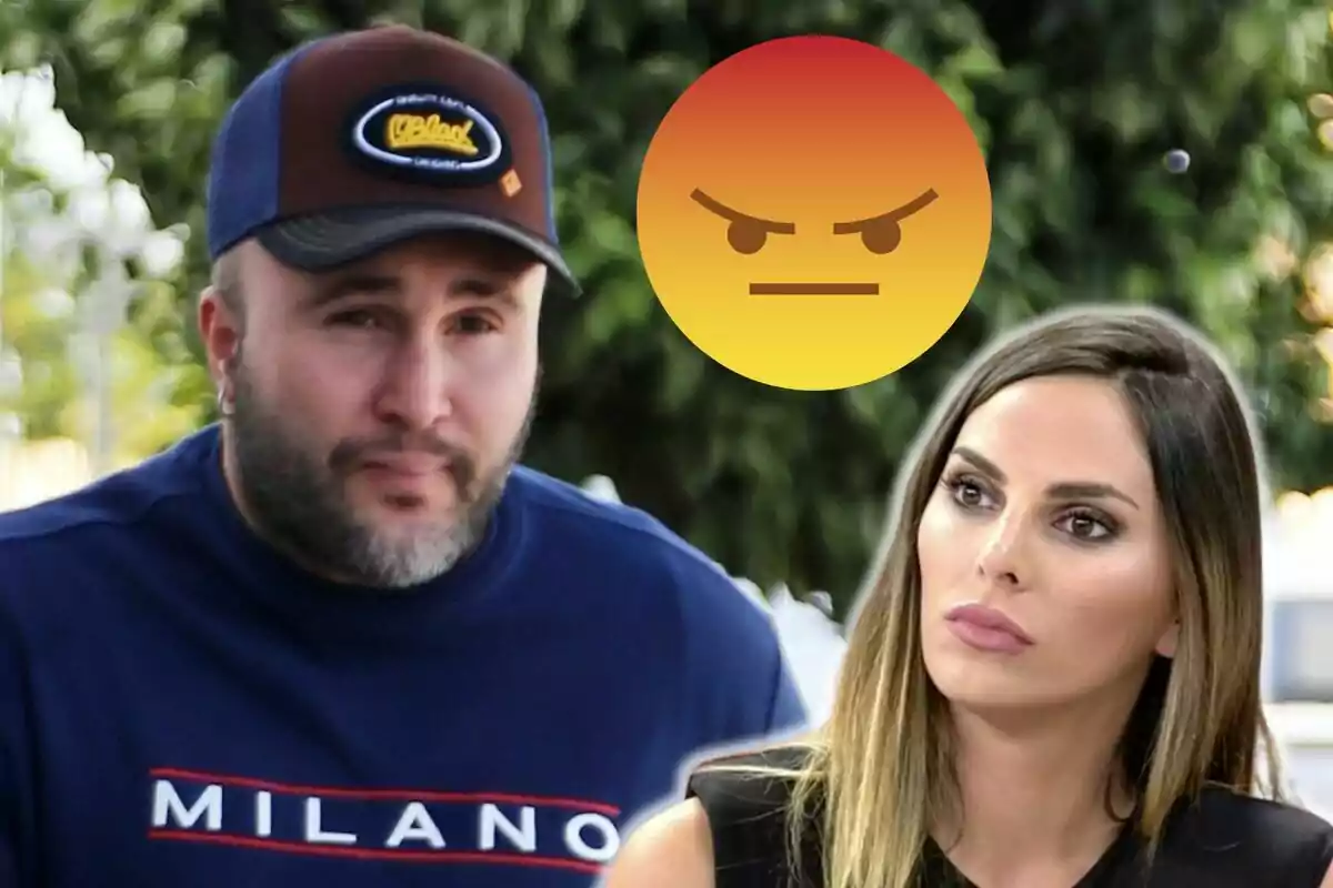 Kiko Rivera con gorra y barba junto a Irene Rosales de cabello largo y expresión seria, con un emoji de enojo sobre ellos.