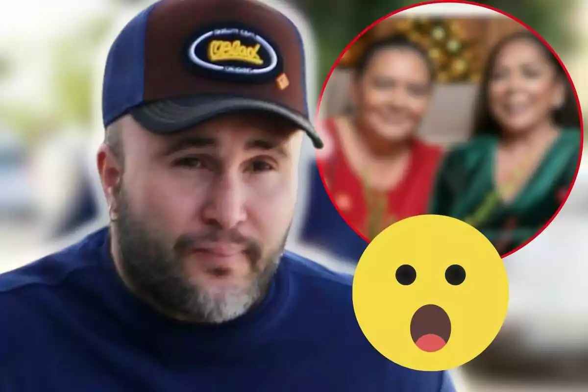 Kiko Rivera con gorra y barba aparece en primer plano con un emoji sorprendido y una imagen borrosa de dos personas en el fondo.