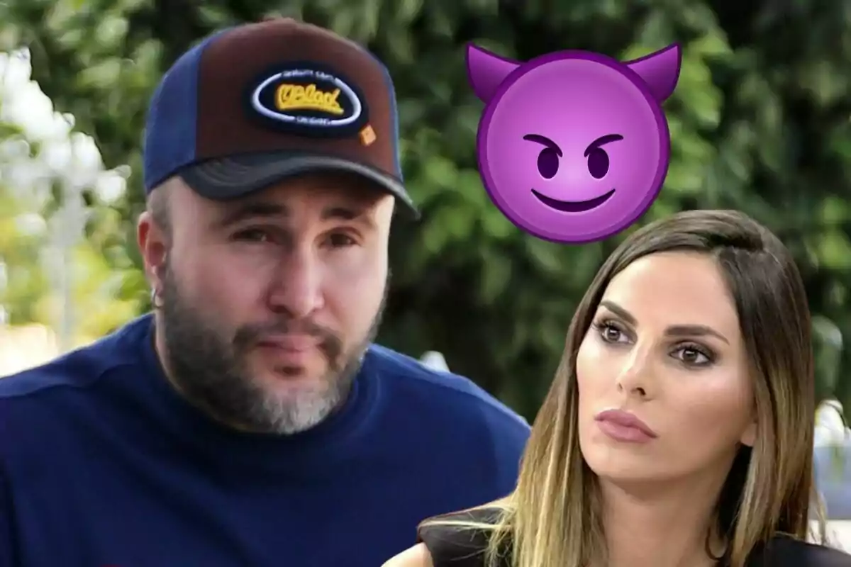 Kiko Rivera con gorra y barba junto a Irene Rosales de cabello largo y lacio con un emoji de diablillo morado sobre ellos.