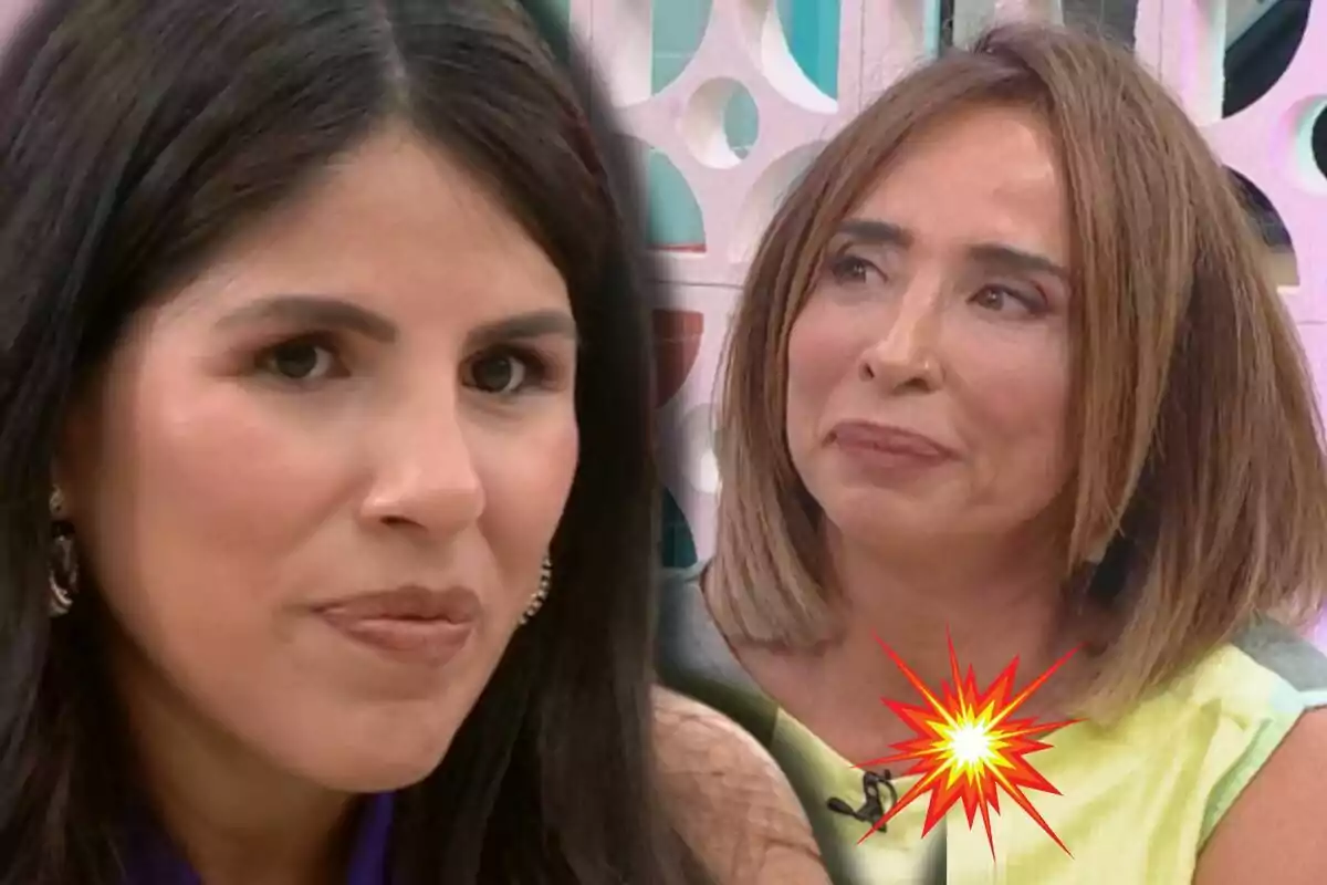 Isa Pantoja y María Patiño en un programa de televisión con una explosión gráfica en la esquina.