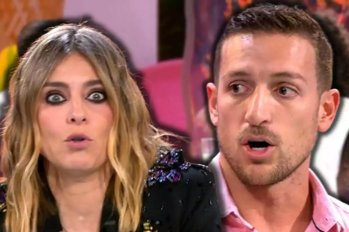 Sandra Barneda y Rubén Torres en un programa de televisión con expresiones sorprendidas y fondo desenfocado.
