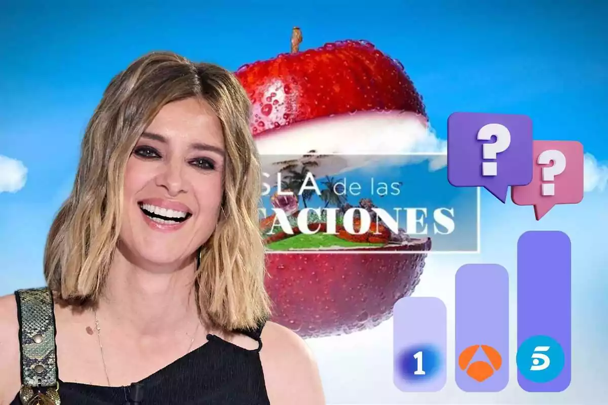 Montaje con la imagen de 'La Isla de las Tentaciones', Sandra Barneda sonriendo, un gráfico de barras con los logos de La 1, Antena 3 y Telecinco y unos interrogantes