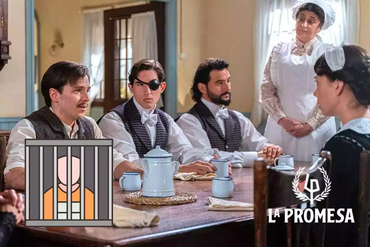 Montaje con una captura de 'La Promesa' con los personajes sentados en una mesa, un emoji de una cárcel y el logo de la serie