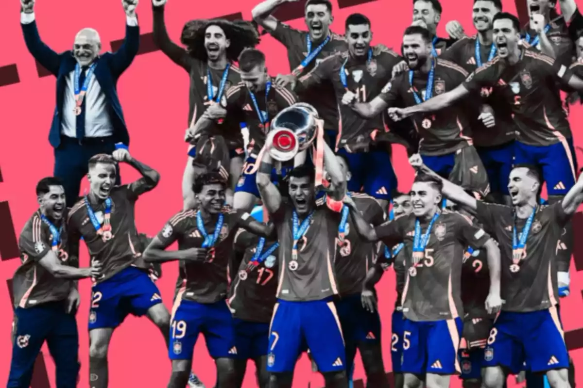 Jugadores de fútbol celebrando con medallas y un trofeo, con un fondo rosa.