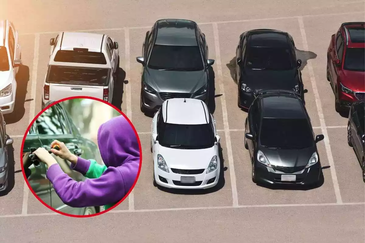 Montaje de una foto de un ladrón robando un coche y un párking
