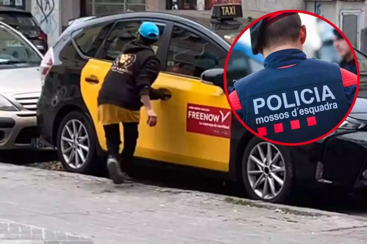 Montaje de hombre robando un taxi en la calle Còrdova de Badalona y círculo con agente de Mossos d'Esquadra de espaldas