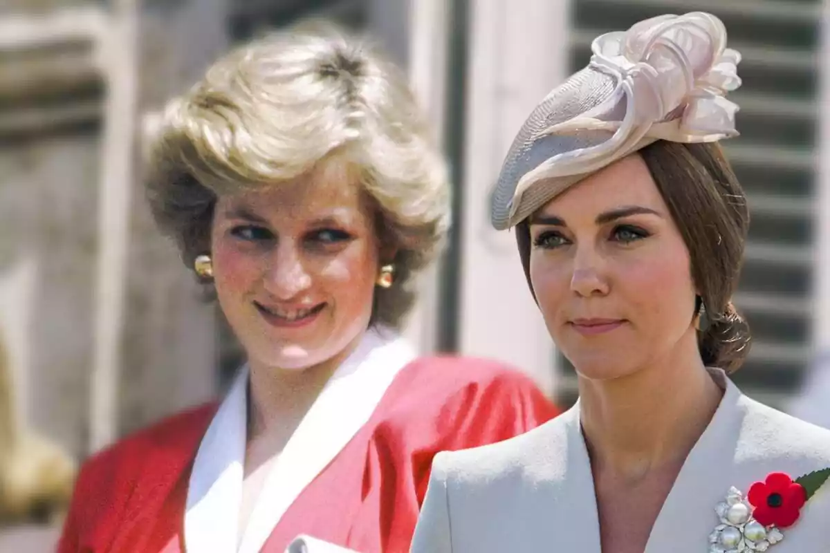 Montaje de Lady Di sonriendo con unos pendientes de oro y Kate Middleton con un tocado beige y una flor en la chaqueta