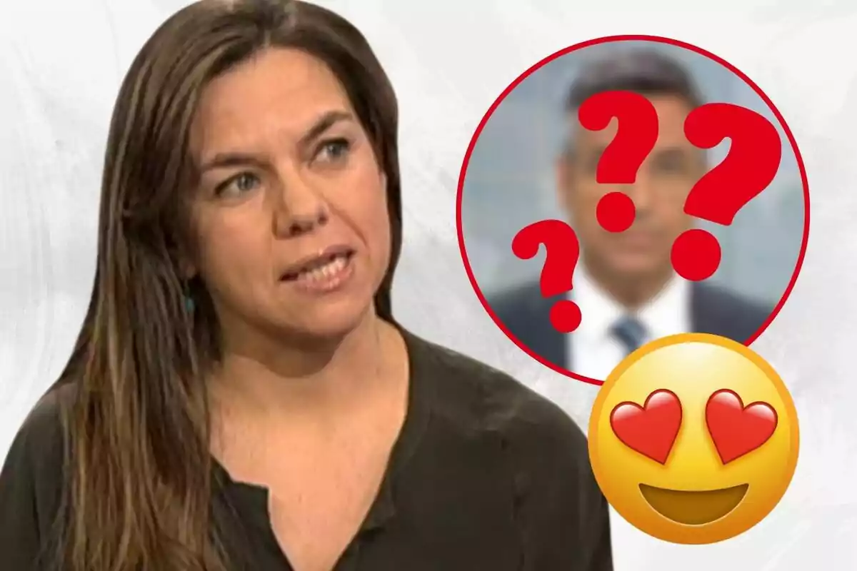 Mujer hablando con un círculo que contiene una figura borrosa y signos de interrogación junto a un emoji de ojos de corazón.