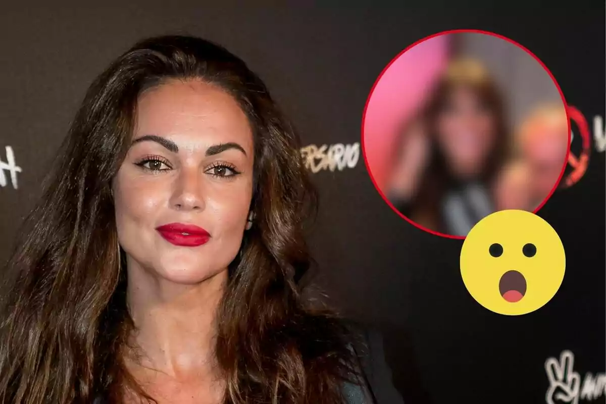 Lara Álvarez con labios rojos posando frente a un fondo negro con un círculo rojo que contiene una imagen borrosa y un emoji de cara sorprendida.