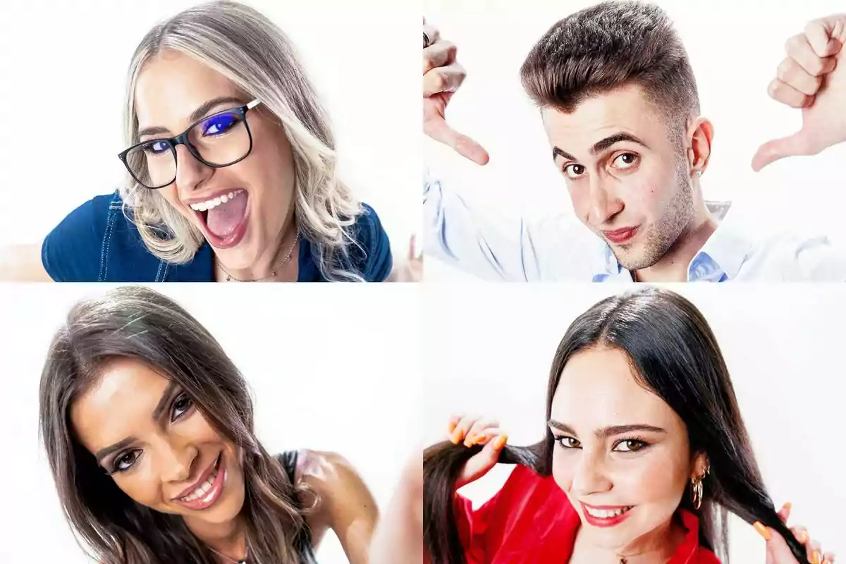 Laura Galera, Diego, Lucía y Nerea personas posando con expresiones y gestos variados como nominados de Gran Hermano.