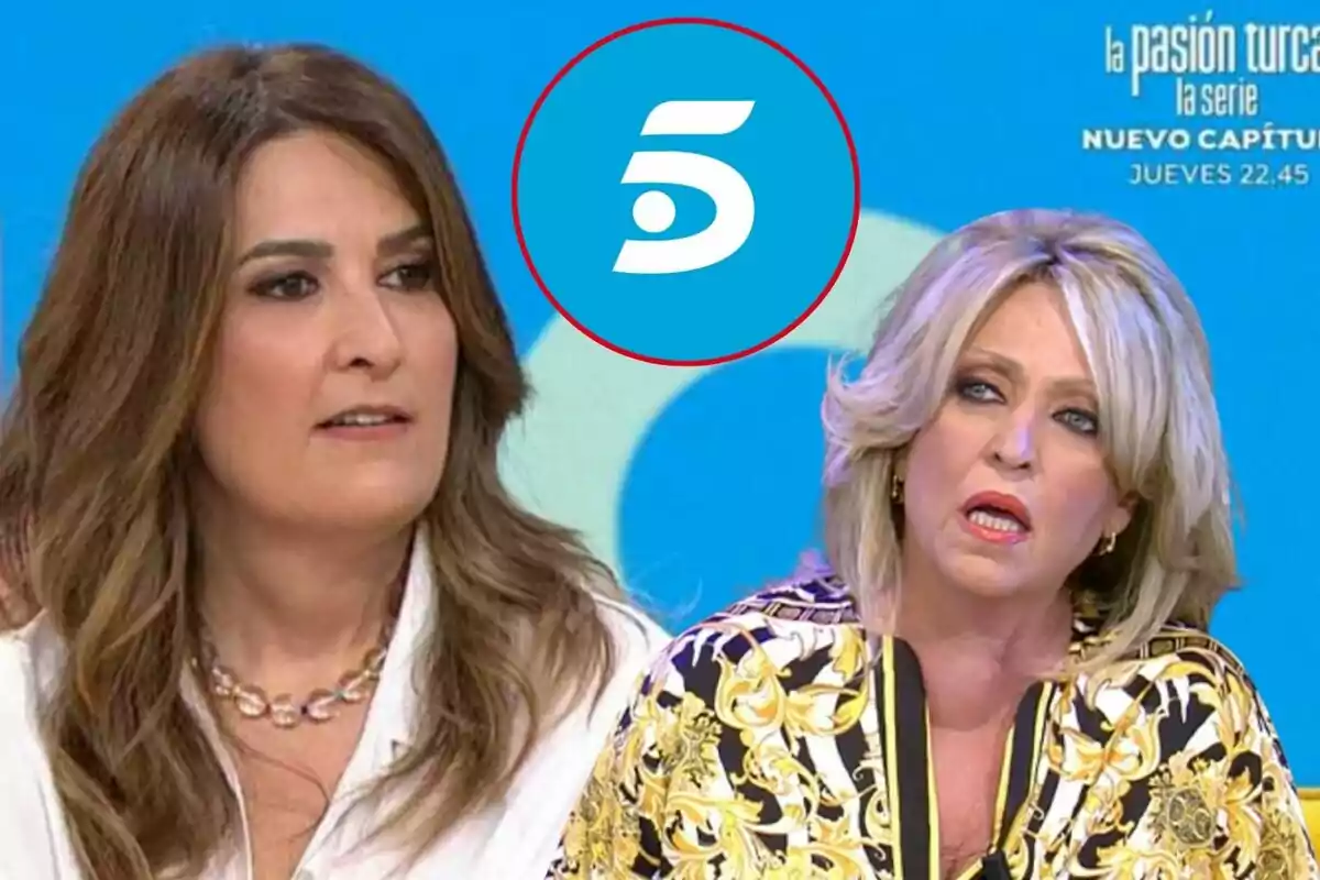 Laura Fa y Lydia Lozano en un programa de televisión con el logotipo de Telecinco en el centro y un anuncio de una serie en la esquina superior derecha.