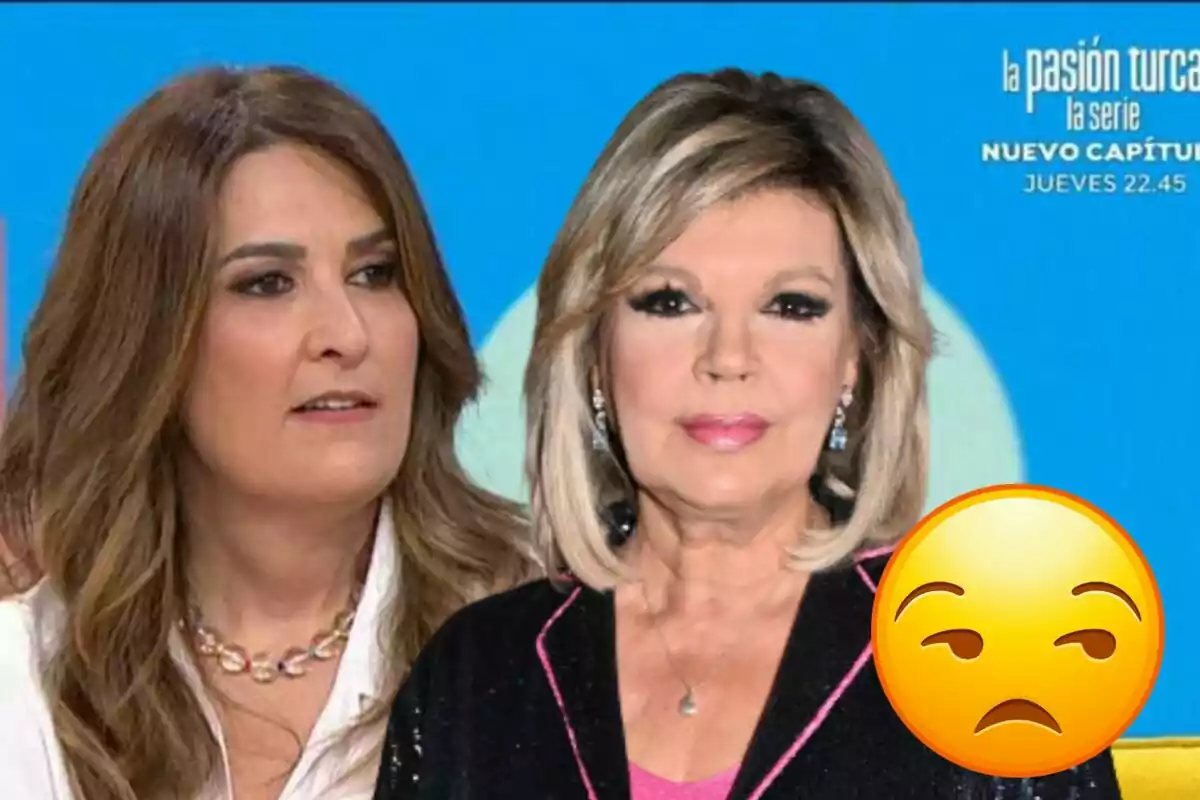 Terelu Campos y Laura Fa en un programa de televisión con un emoji de cara de desagrado en primer plano.