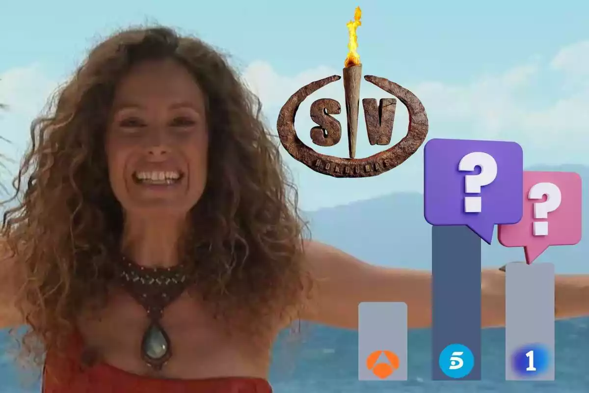 Montaje de Laura Madrueño sonriendo con un collar con una piedra, el logo de 'Supervivientes, un gráfico de barras con los logos de Antena 3, Telecinco y La 1 y unos interrogantes