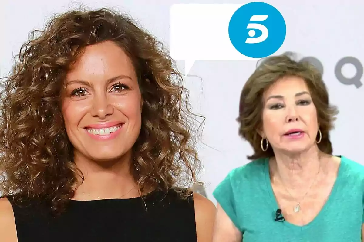Montaje de Laura Madrueño sonriendo, Ana Rosa Quintana seria en camiseta azul, un comentario y el logo de Telecinco