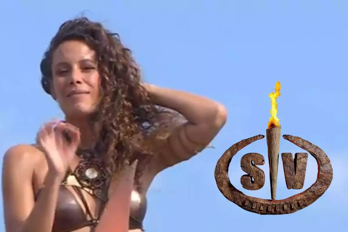 Montaje de Laura Madrueño sujetándose el pelo con bikini marrón y el logo de 'Superivientes'