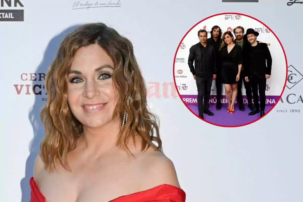 Leire Martínez con vestido rojo sonríe en un evento, con un recuadro que muestra a La Oreja de Van Gogh posando en una alfombra morada.