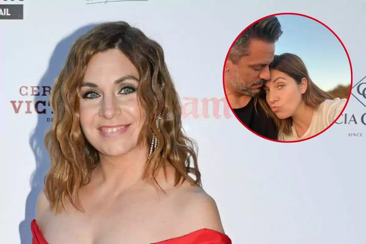 Leire Martínez con vestido rojo sonríe en un evento, con un recuadro que muestra a ella junto a Miguel Sueiras abrazada.