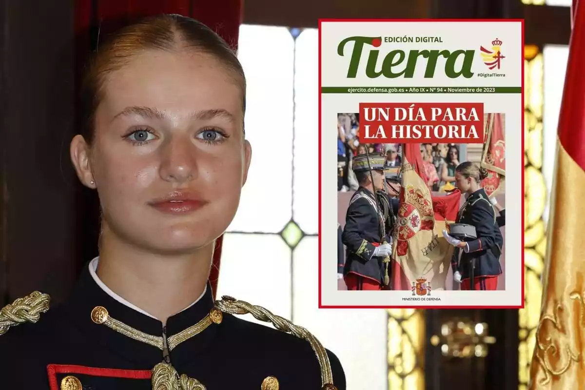 Montaje con un plano de Leonor en el Día de la Jura de Bandera y la portada del medio Edición Digital Tierra