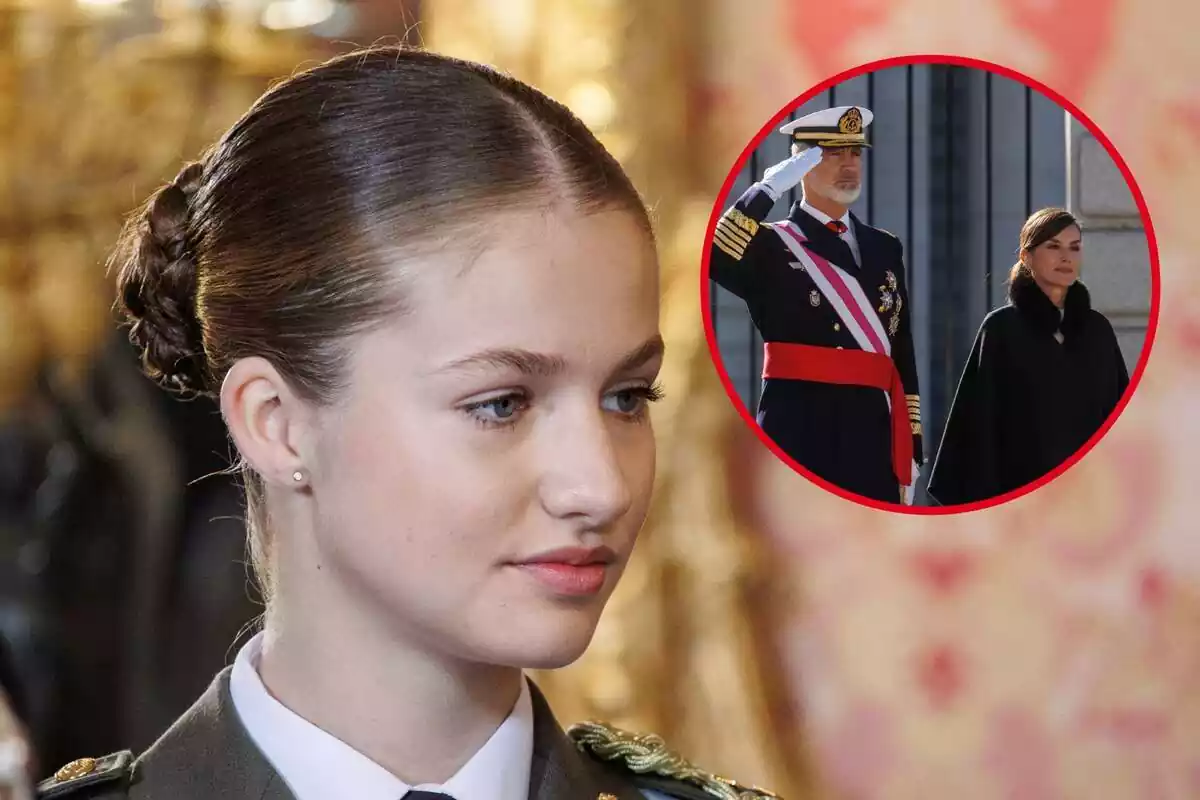 Montaje con Leonor mirando a un lado, Felipe VI saludando con el uniforme militar y Letizia sonriendo