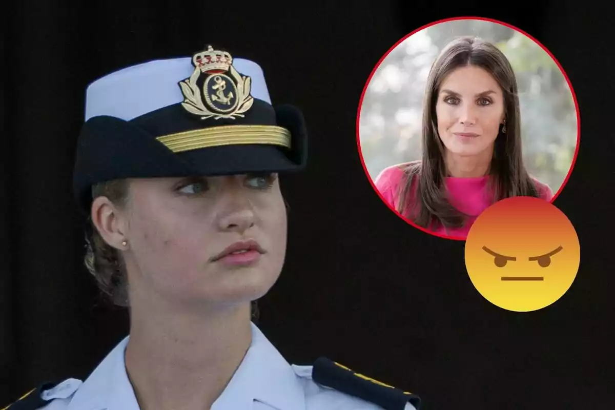 Leonor con uniforme naval y un recuadro con el rostro de Letizia junto a un emoji de enojo.