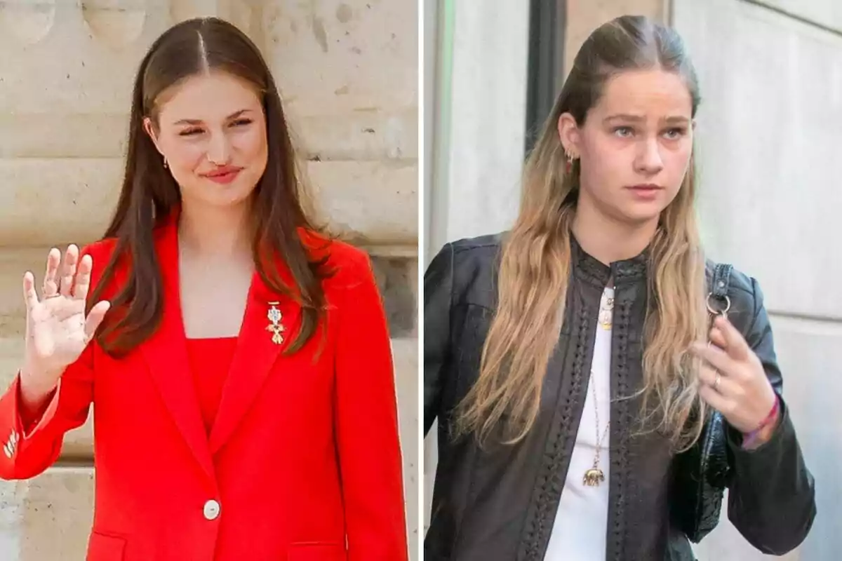 Leonor e Irene Urdangarin, Leonor con un traje rojo e Irene con una chaqueta negra, posan en diferentes entornos.