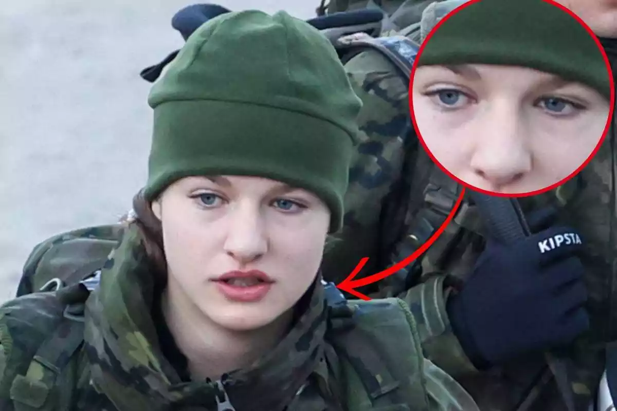 Montaje de Leonor vestida de militar con gorro y un detalle de sus ojos