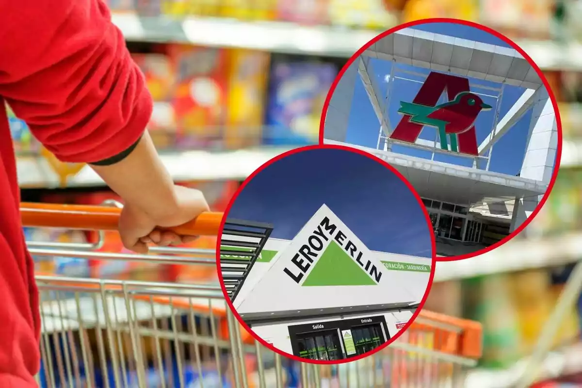 Persona empujando un carrito de compras con logotipos de Leroy Merlin y Auchan en círculos superpuestos.