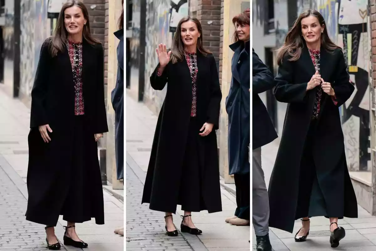 Montaje con imágenes de Letizia con un abrigo largo negro y zapatos planos sonriendo Montaje con imágenes de Letizia con un abrigo largo negro y zapatos planos sonriendo