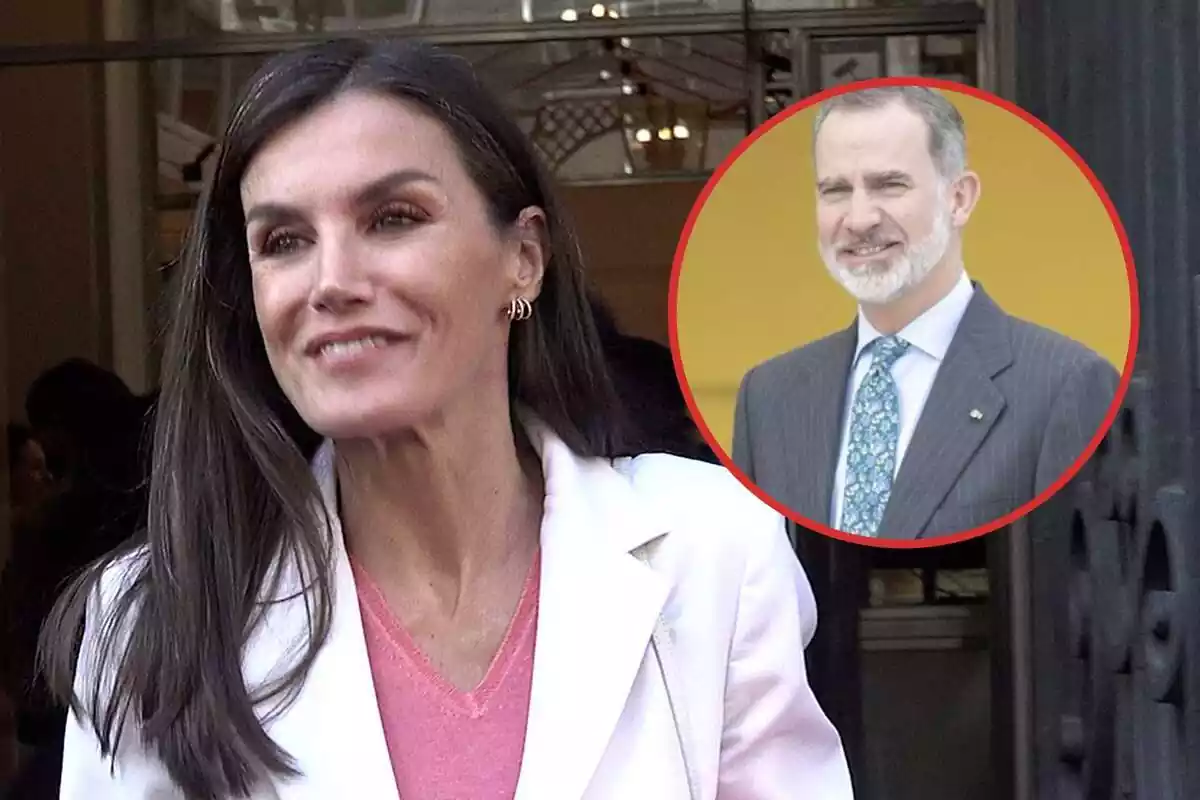 Montaje con Letizia sonriendo con una americana blanca y Felipe VI sonriendo con un traje gris y corbata azul