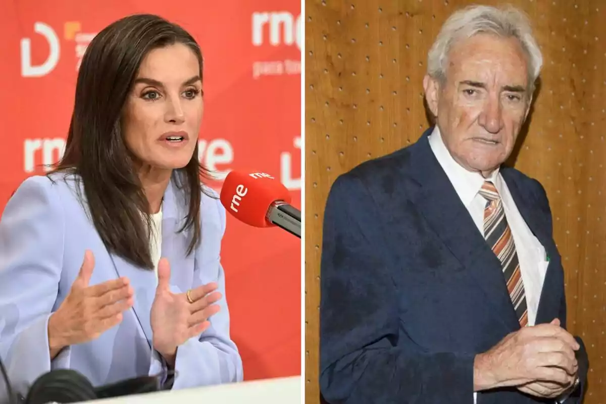 Letizia y Luis del Olmo en un evento, una hablando frente a un micrófono y la otra posando con traje formal. Letizia y Luis del Olmo en un evento, una hablando frente a un micrófono y la otra posando con traje formal.
