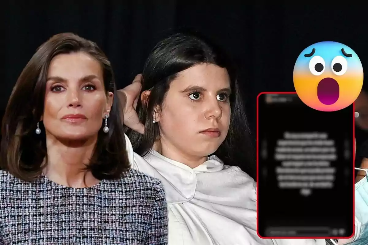 Letizia y Carla Vigo posan para la cámara, Letizia con expresión seria y Carla con una expresión neutral, mientras un emoji sorprendido y un mensaje borroso en un teléfono móvil se encuentran en el lado derecho de la imagen.