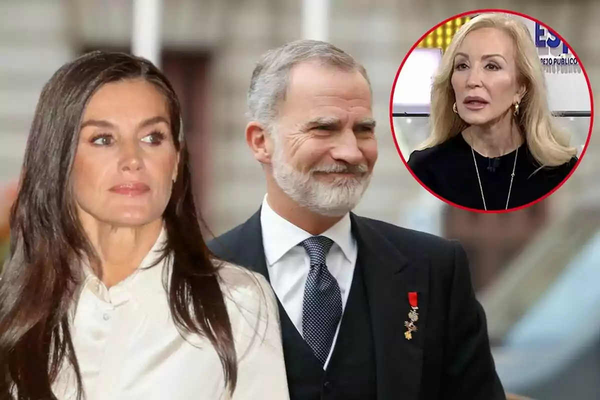 Letizia y Felipe VI caminando juntos con Carmen Lomana en un círculo rojo en la esquina superior derecha.