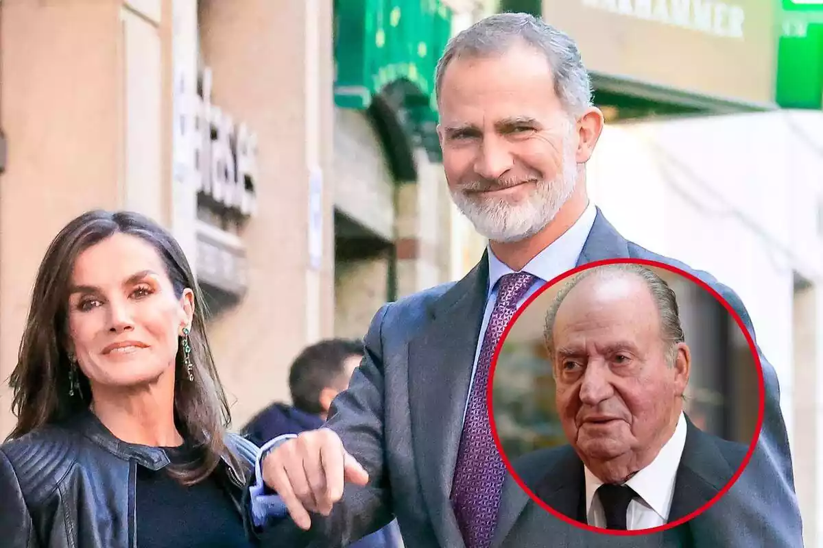 Montaje con Letizia con una chaqueta de cuero, Felipe VI con traje y Juan Carlos I con una corbata negra