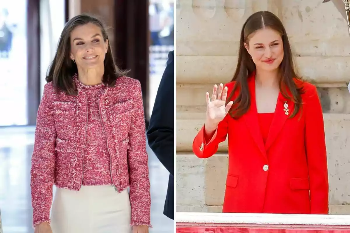 Letizia y Leonor posando en diferentes lugares, Letízia con un conjunto rosa y Leonor con un traje rojo.