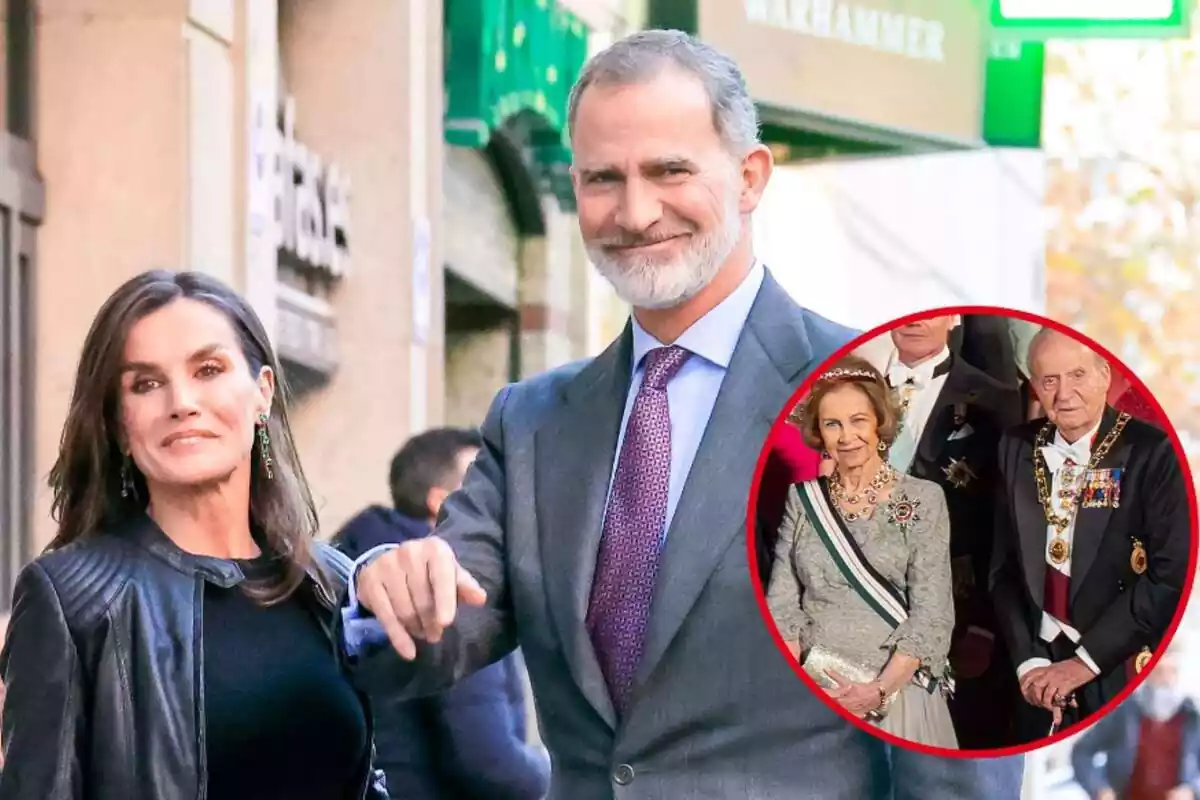 Montaje con Letizia y Felipe juntos sonriendo y la reina Sofía junto a Juan Carlos I vestidos de forma oficial