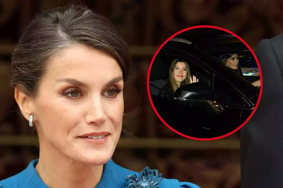 Montaje de la reina Letizia con rostro neutro mirando a un lado y una imagen en el coche con la infanta Sofía