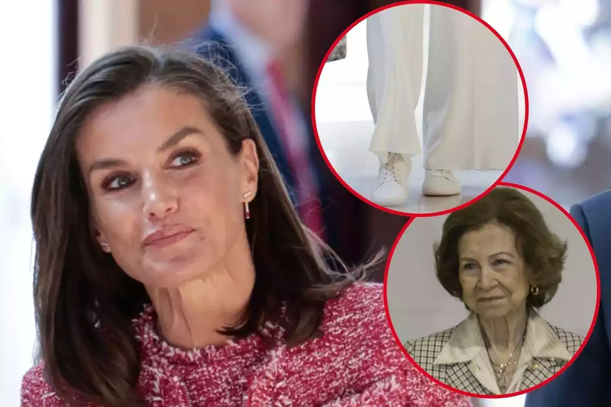 Montaje de la reina Letizia con rostro neutro mirando a un lado, ella con zapatillas y pantalones blancos y la reina Sofía sonriendo en americana de cuadros