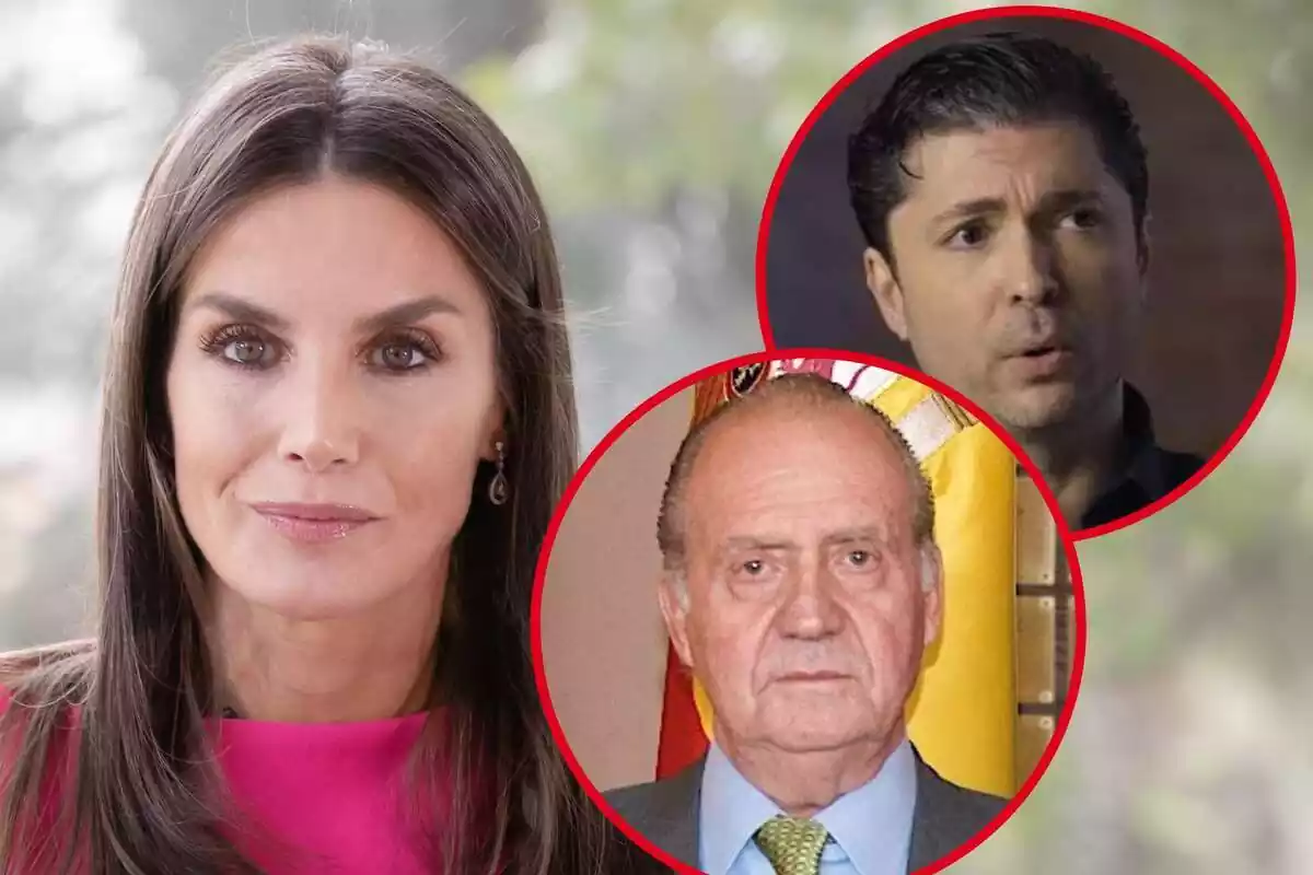 Montaje en primer plano de Letizia con rostro neutro, Ángel Cristo hablando y Juan Carlos I serio