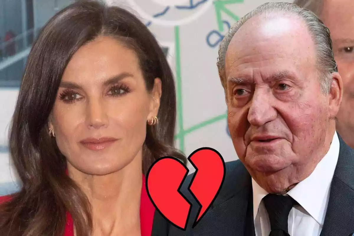 Montaje de Letizia con rostro neutro con varios pendientes, Juan Carlos I sonriendo con traje y corbata negros y un corazón roto