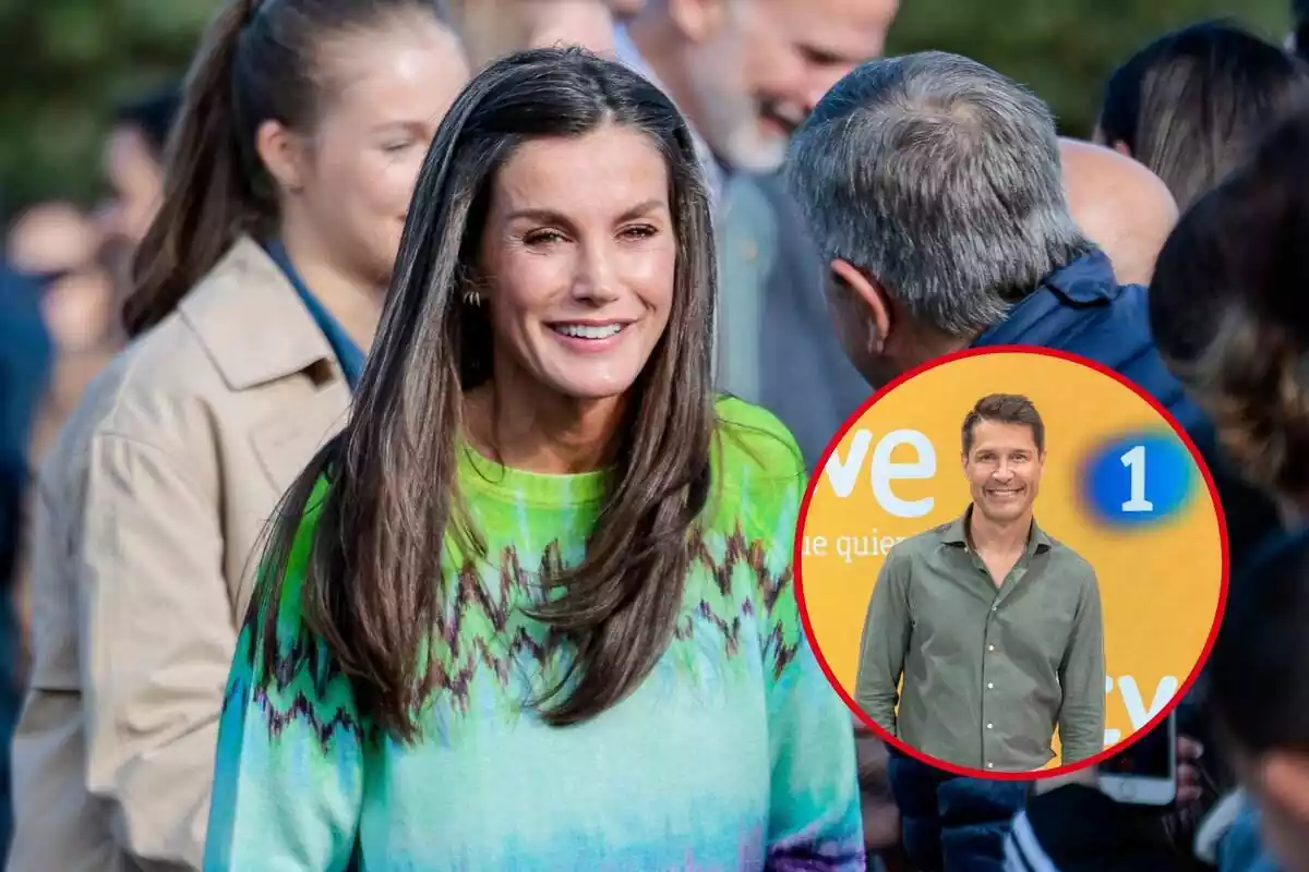 Montaje con la reina Letizia riendo con un jersey de colores y Jaime Cantizano en un photocall