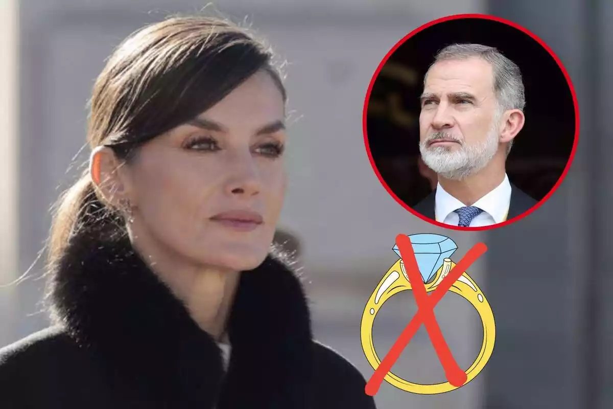 Montaje de Letizia seria con un abrigo negro, Felipe VI mirando a un lado con una corbata azul y un anillo de compromiso con una cruz roja encima