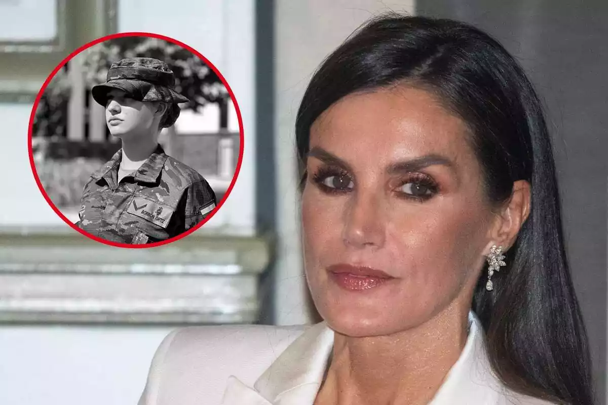 Montaje de primer plano de la reina Letizia seria y una imagen de Leonor en blanco y negro con el uniforme militar