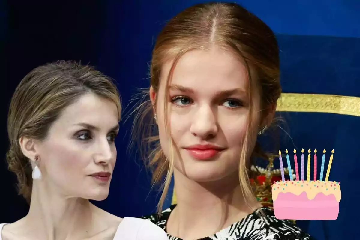 Montaje de primer plano de la reina Letizia de perfil seria y Leonor con rostro neutro y un pastel de cumpleaños