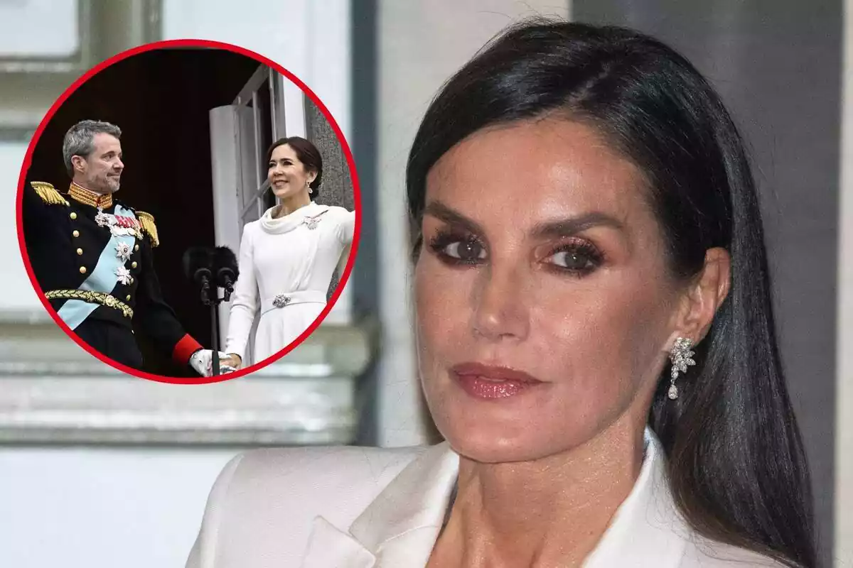 Montaje con Letizia seria con una americana blanca y Federico mirando a Mary de Dinamarca