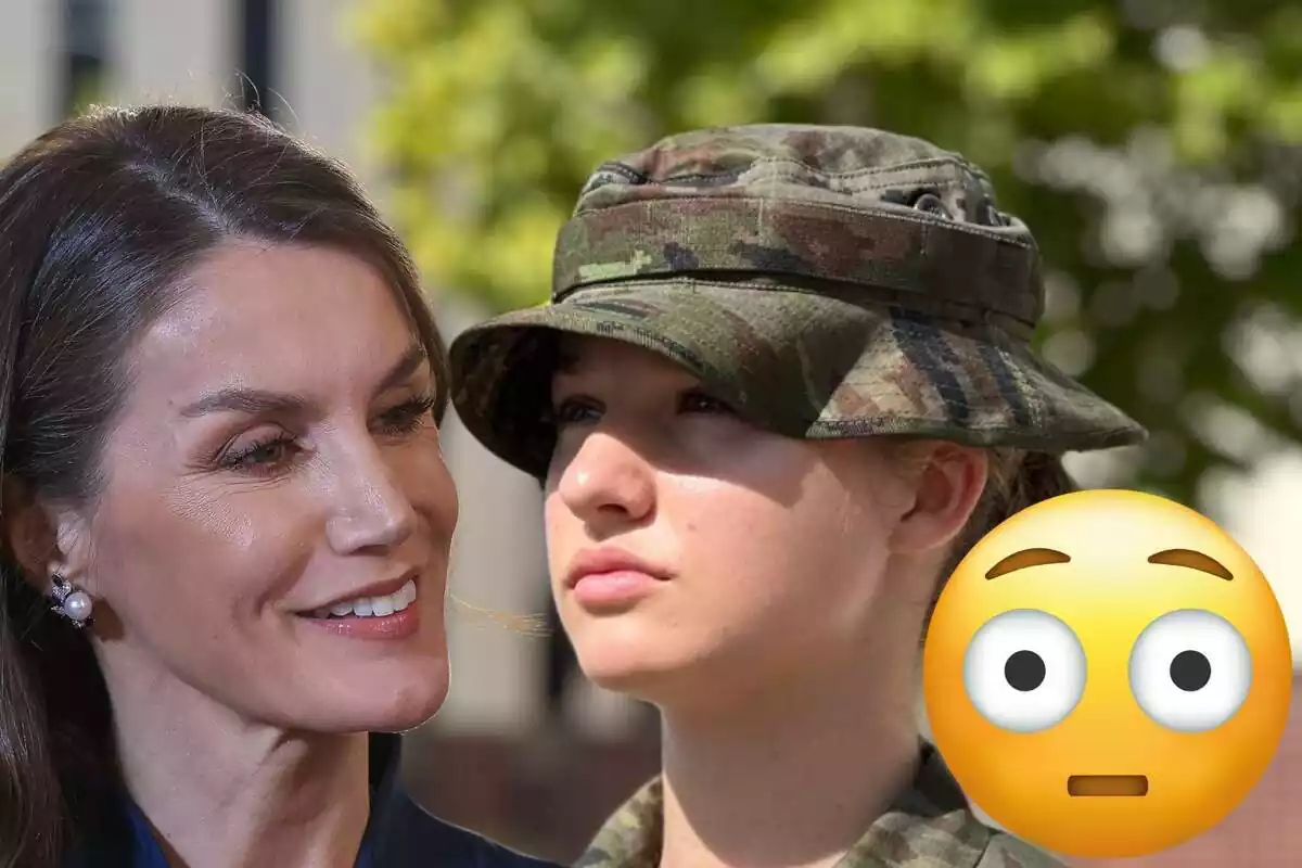 Montaje con Letizia sonriendo, Leonor con el sombrero de la Academia Militar y un emoji con los ojos abiertos