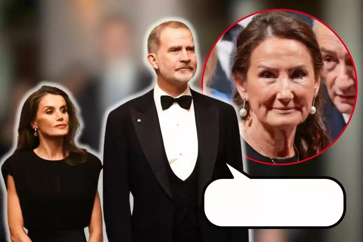 Letizia y Felipe VI vestida de gala camina mientras Paloma Rocasolano en un círculo rojo los observa con una expresión neutral.