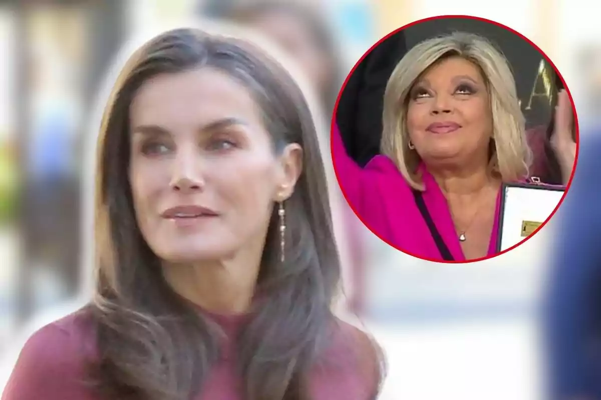 Letizia con cabello castaño y expresión seria en primer plano y un recuadro con Terelu Campos rubia sonriendo y mirando hacia arriba.