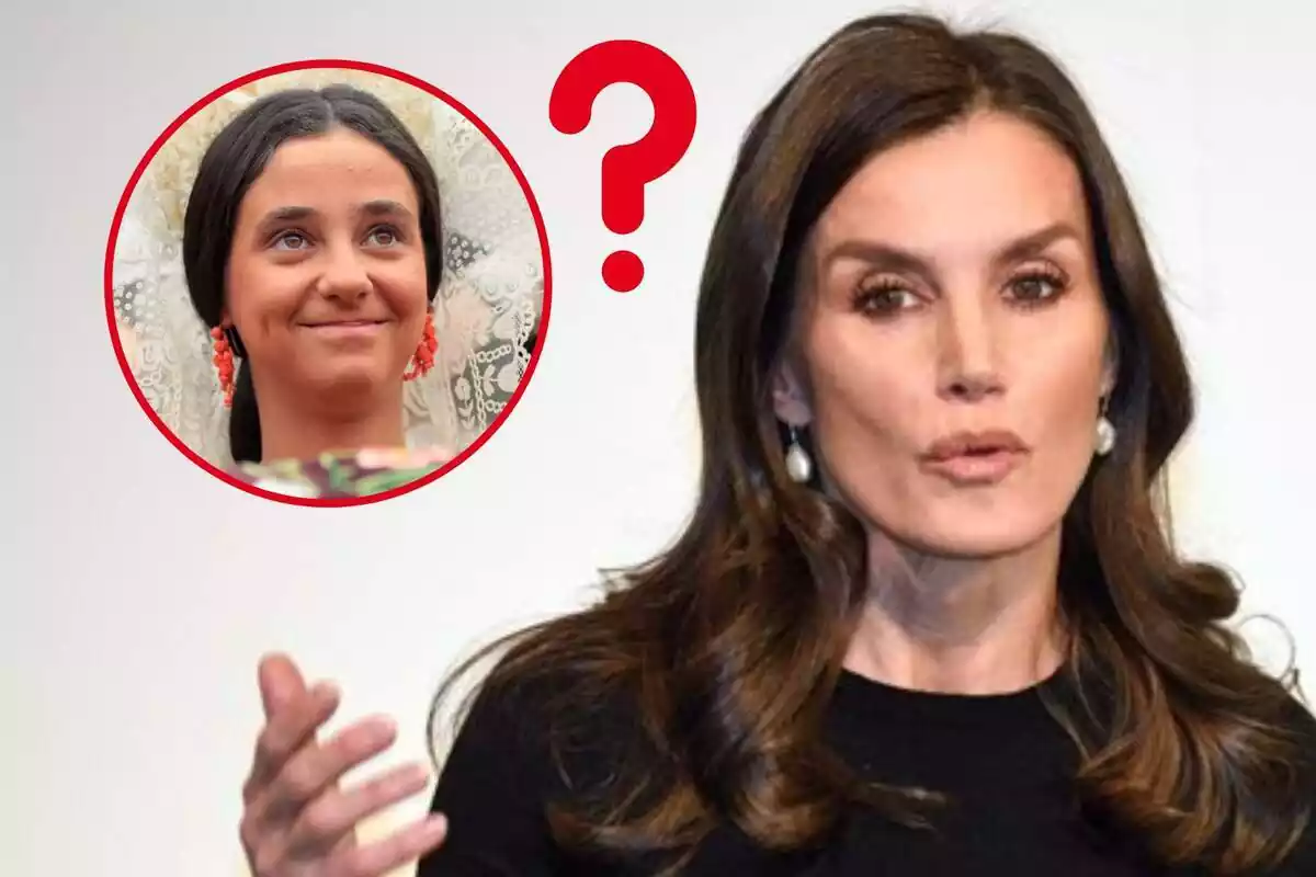 Montaje de Letizia hablando con un vestido negro y un primer plano de la cara de Victoria Federica sonriente con un signo de interrogación al lado