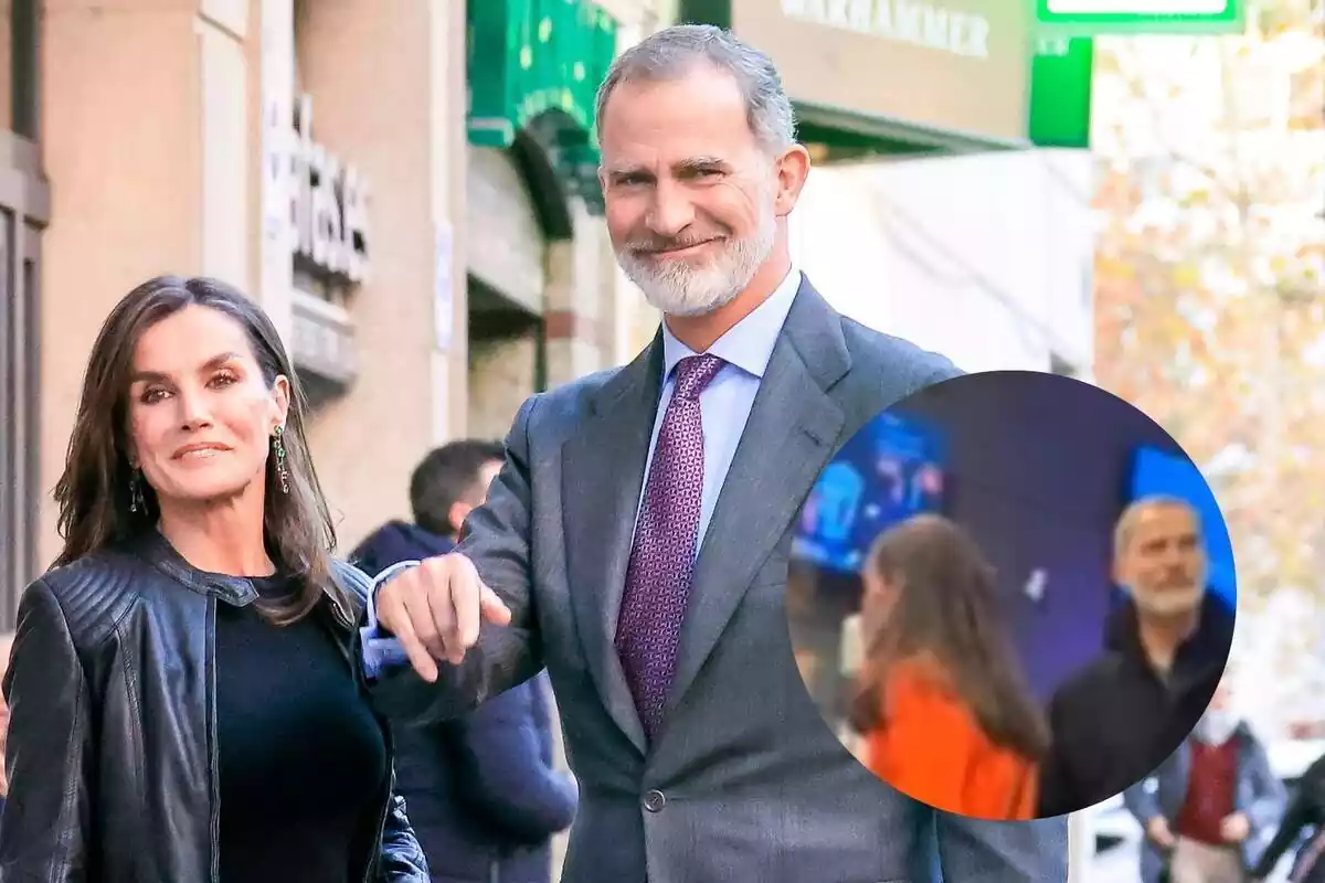 Montaje de Letizia y Felipe por la calle junto a una imagen de ellos haciendo cola para ir al cine