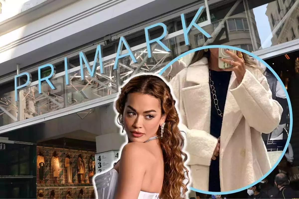 Montaje con el letrero de Primark de fondo, un círculo con una chica con el abrigo extralargo y el rostro de Rita Ora en el centro
